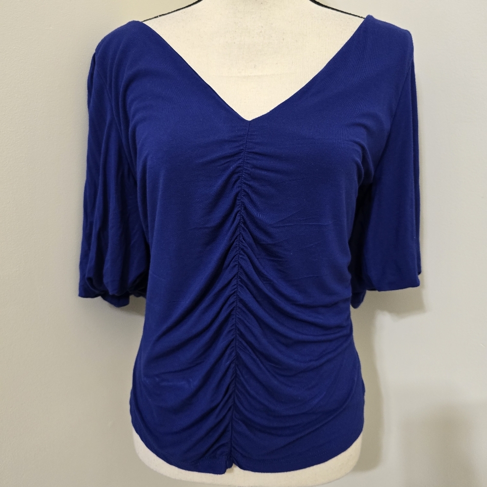anthropologie W5 V Neck Ruching Slimming Casual Minimalist Lined Top L Blue‎